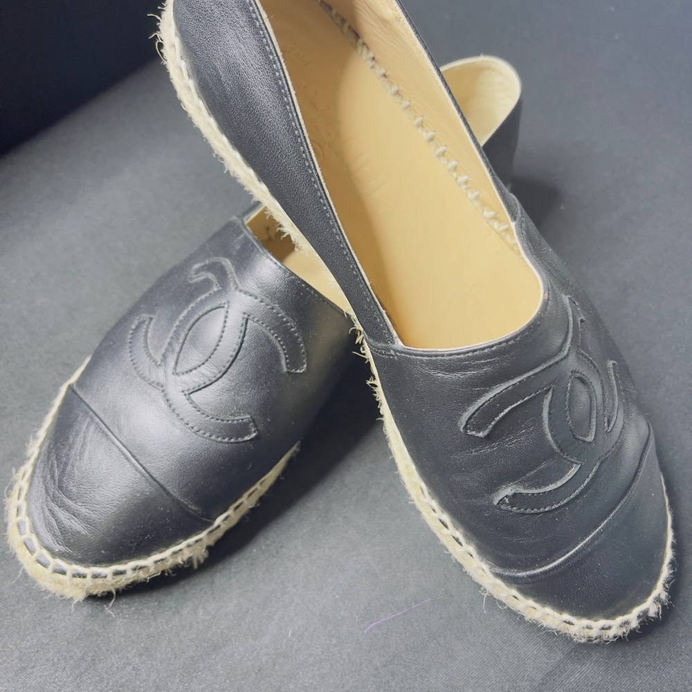 Chanel Black Leather Espadrilles with Iconic CC Logo